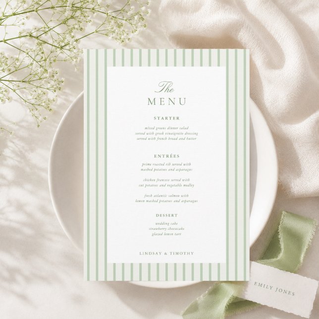 Menú de mesa de boda clásico a rayas verdes de 5x7 (Subido por el creador)