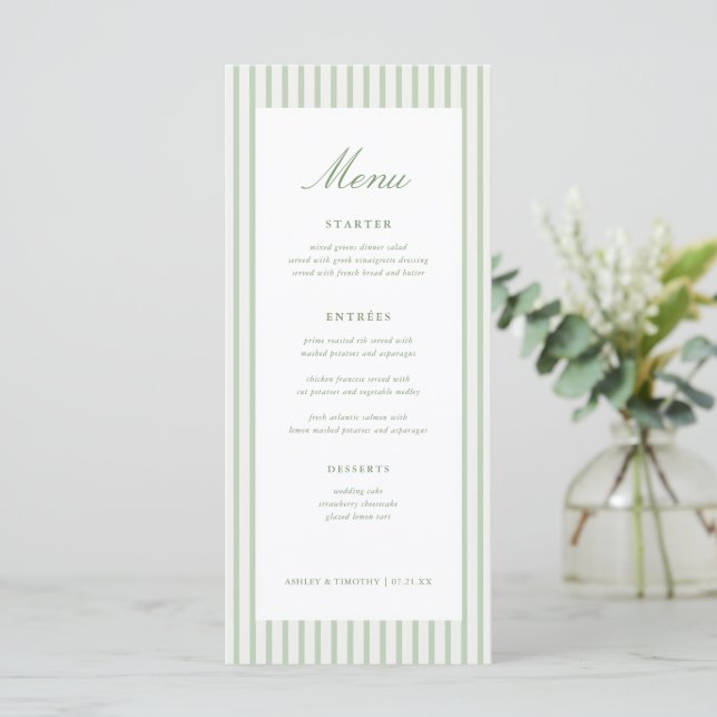 Menú de Mesa de Boda Clásico con Rayas Verde Salvi (Anverso de pie)