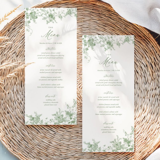 Menú de mesa de boda floral verde clásico de toile (Subido por el creador)