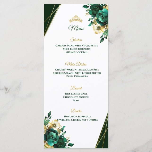 Menú de mesa de Quinceñera verde esmeralda y dorad (Anverso)