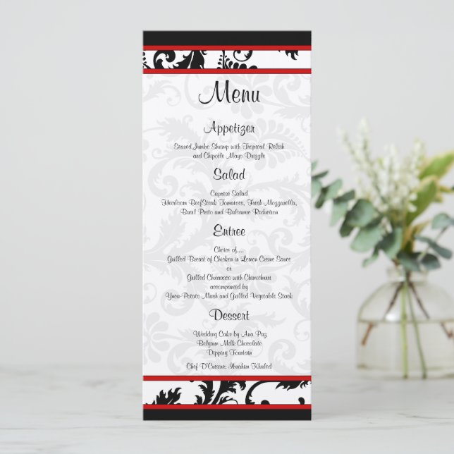 Menú de Monograma de Damasco Rojo Negro Blanco (Anverso de pie)