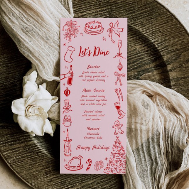 Menú de Navidad con garabatos rosas, menú divertid (Quirky Christmas Menu)