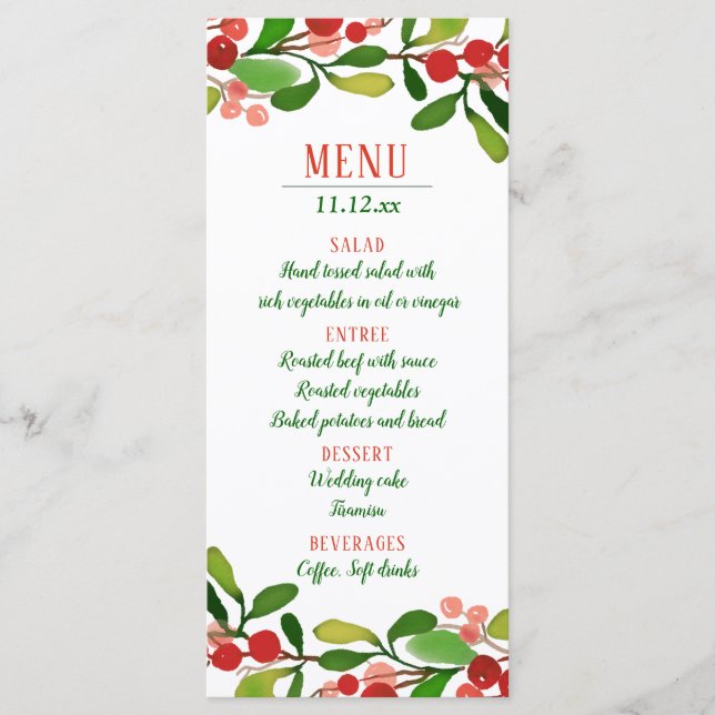 Menú de Navidad de Bayas de Hojas de Acebo | Boda (Anverso)