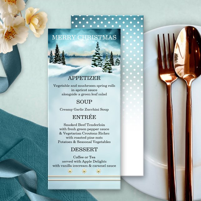 Menú de Navidad de Invierno Mágico en Acuarela (Christmas menu card featuring a watercolor winter wonderland scene with snow capped pine trees)