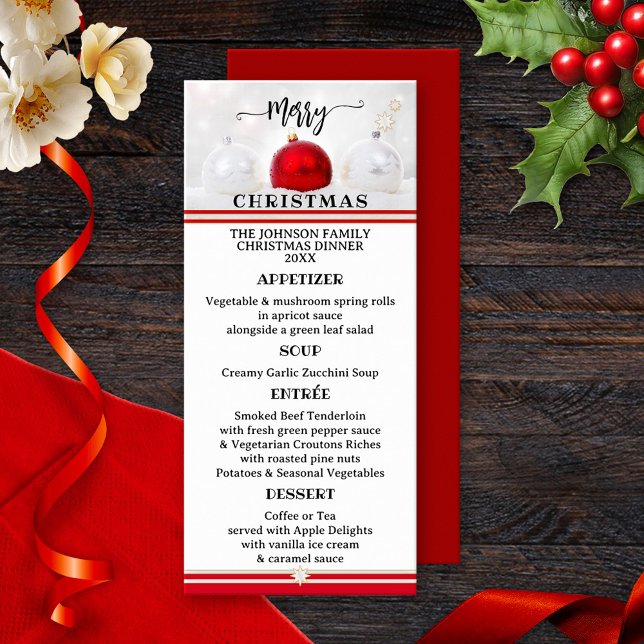 Menú de Navidades festivos clásicos rojos (Classic Christmas menu card featuring an elegant design with Christmas baubles on snow white)