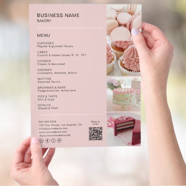 Menú de Panadería Pink con Fotos y Código QR (Pink Bakery Menu with Photos & QR Code Flyer)