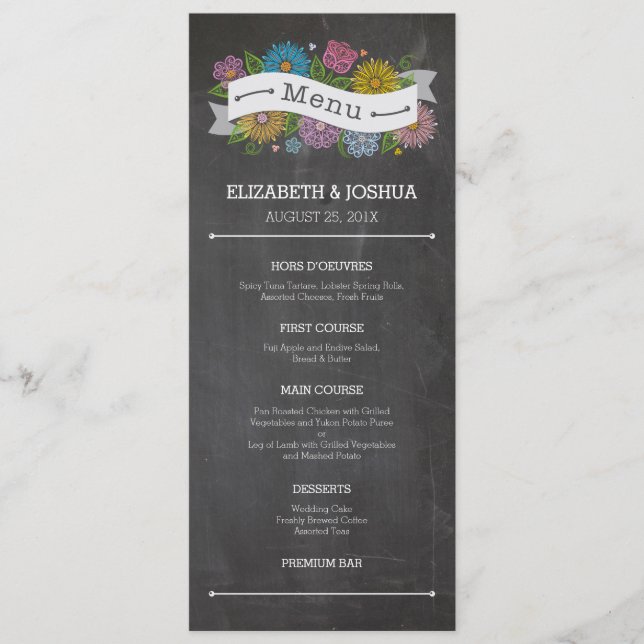 Menú de pancarta floral de pizarra (Anverso)