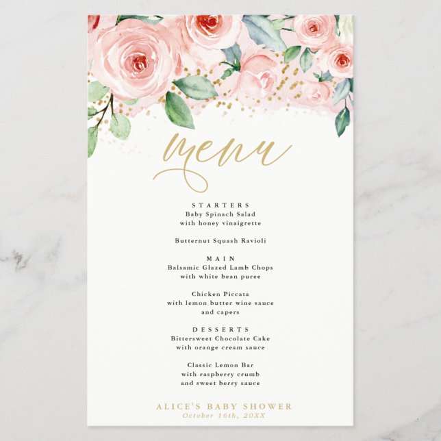 Menú de papel de cena de eventos florales rosados  (Frente)
