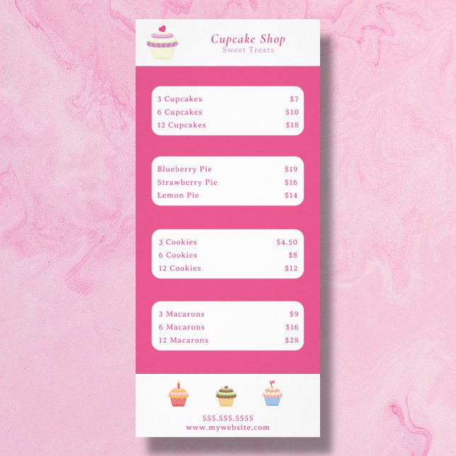 Menú de pasteles rosados y carta de precios para r (Cupcake Pink Menu & Price List Rack Card)