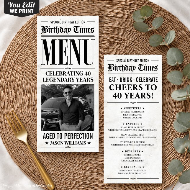 Menú de periódico de cumpleaños personalizado, cen (Custom Birthday Newspaper Menu, Birthday Dinner Menu)