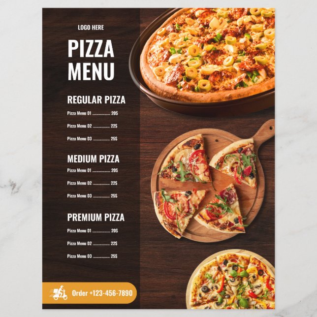 Menú de pizza editable pizzería Menú de restaurant (Frente)