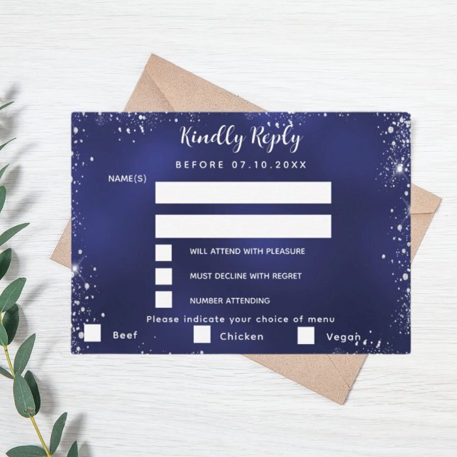 Menú de plata azul marino que elige boda RSVP (Subido por el creador)