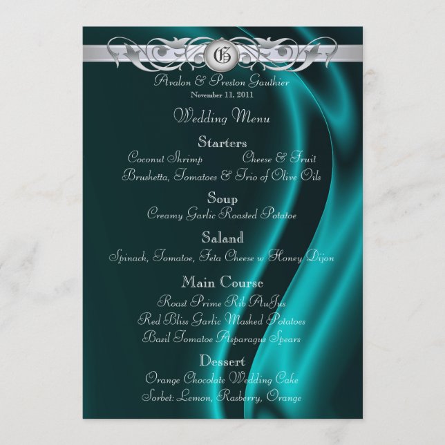 Menú de plata de seda verde azulado de la boda de (Anverso)