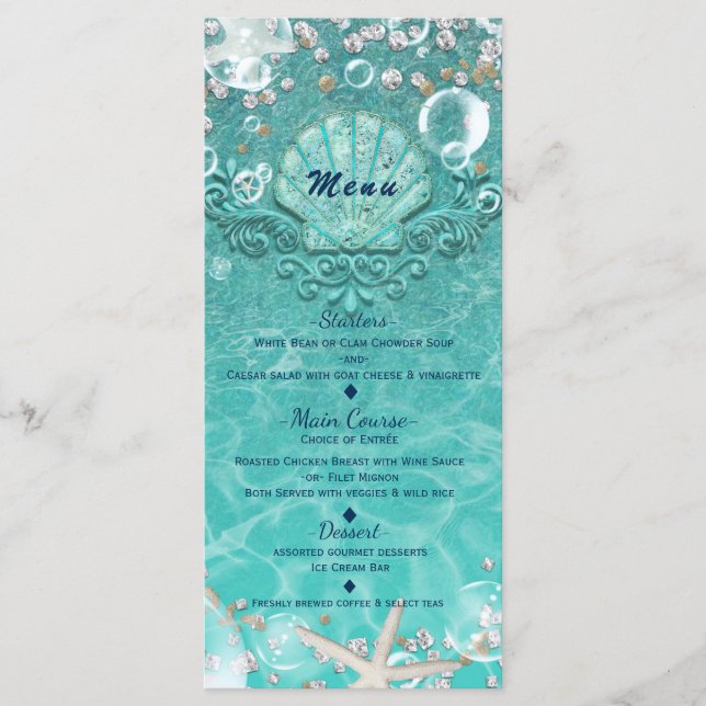 Menú de playa de estrella de mar encantada teal y  (Anverso)