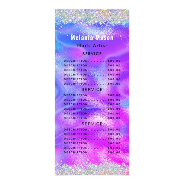 Menú de precios de salón de uñas con brillo hologr (Frente)