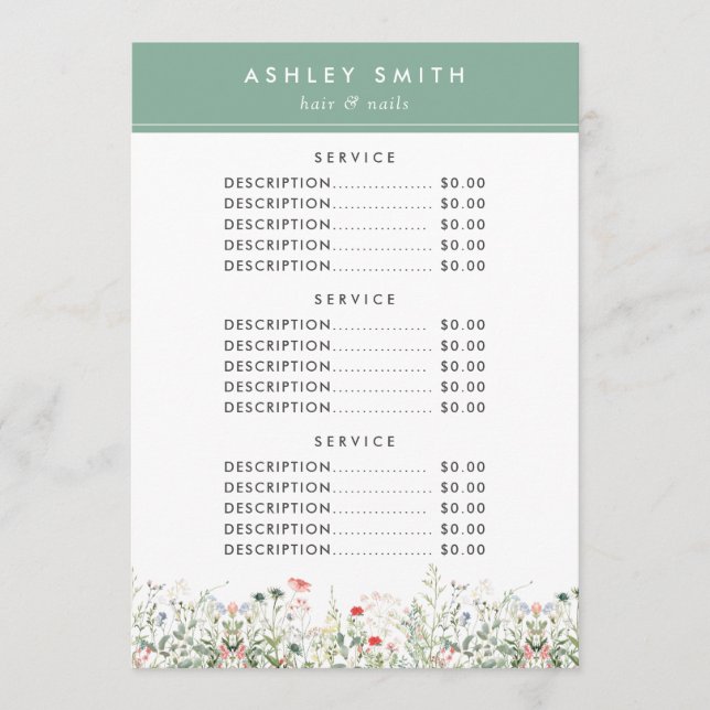 Menú de precios de Wildflower Meadow (Anverso)