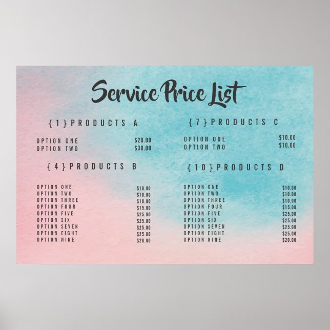 Menú de Precios del Servicio Ombre Póster Impreso  (Frente)