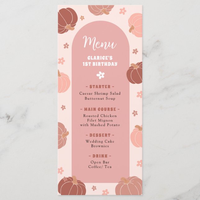 Menú de primer cumpleaños boho calabaza retro rosa (Anverso)