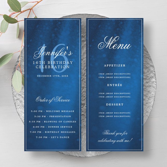 Menú de Programa de Cumpleaños 16 Elegante Navy Sp (Elegant Navy Sparkle 16th Birthday Program Menu)