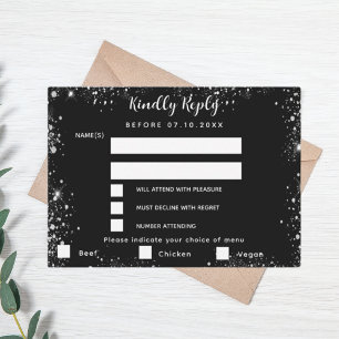 Menú de purpurina de plata negra escoge boda RSVP