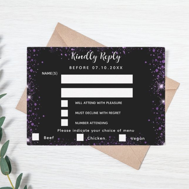 Menú de purpurina morado negro eligiendo boda RSVP (Subido por el creador)