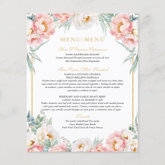 Menú de Quinceañera Bilingüe Elegante Rosa y Oro (Anverso)