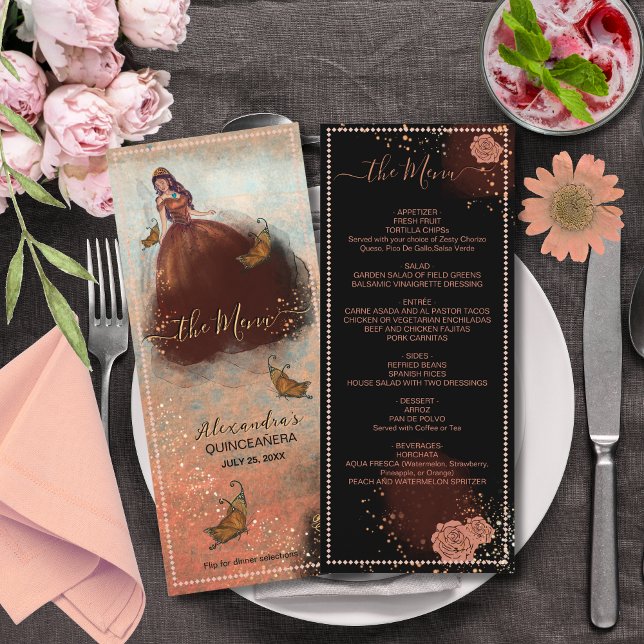 Menú de Quinceañera de Lujo con Brillo de Cobre (Elegant Vintage Copper Rose Quinceañera Menu)