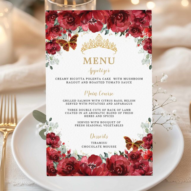 Menú de Quinceañera Quinceañera 16 de la floral ro (budget cheap printed menu paper sheet red flowers floral butterflies Quinceañera xv 15 sweet 16 )