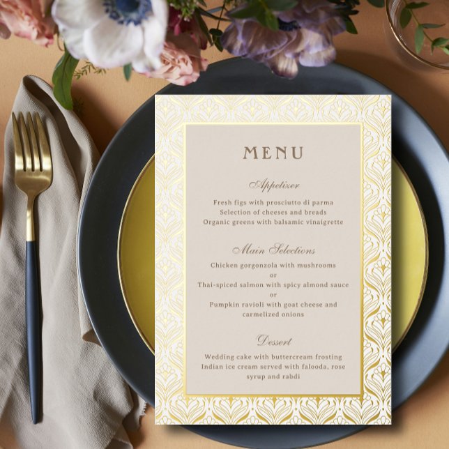 Menú de recepción de boda Art Deco Tarjeta de pape (gold art deco wedding reception menu, indian hindu sangeet mehndi party menu card, floral lotus card)