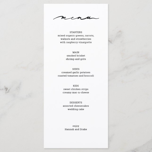 Menú de Recepción de Boda con Letra a Mano Chic (Anverso)