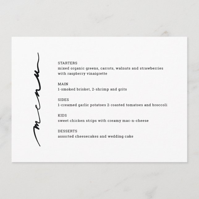 Menú de Recepción de Boda con Letra a Mano Chic (Anverso)
