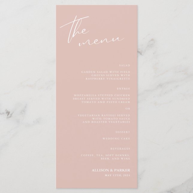 Menú de recepción de boda de guiones minimalistas (Anverso)