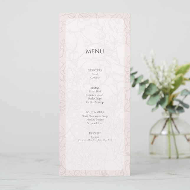 Menú de recepción de boda Elegant Peony Blush Pink (Anverso de pie)