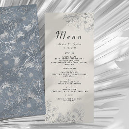 Menú de recepción de boda floral azul polvoriento