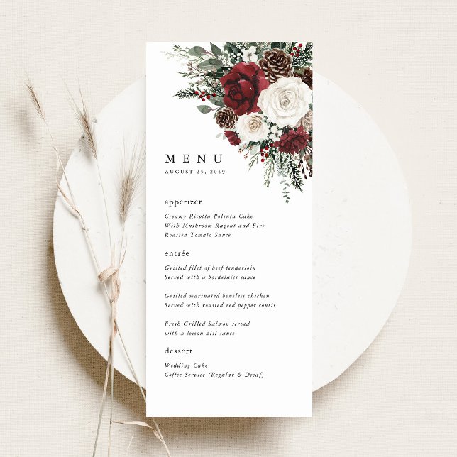 Menú de Recepción de Boda Floral de Invierno de Bo (burgundy winter floral wedding menu card, elegant rose pinecone  reception menu table setting)