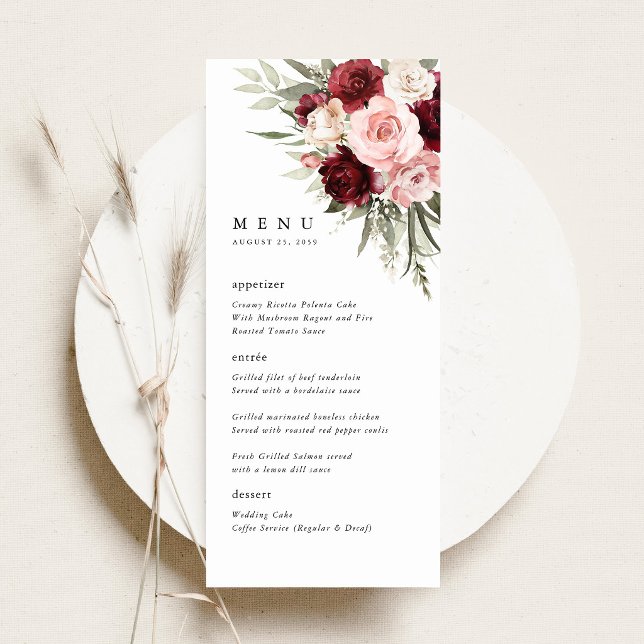 Menú de Recepción de Boda Floral Rosa con Toque de (Burgundy blush pink floral wedding menu card elegant rose reception menu dinner menu table setting)