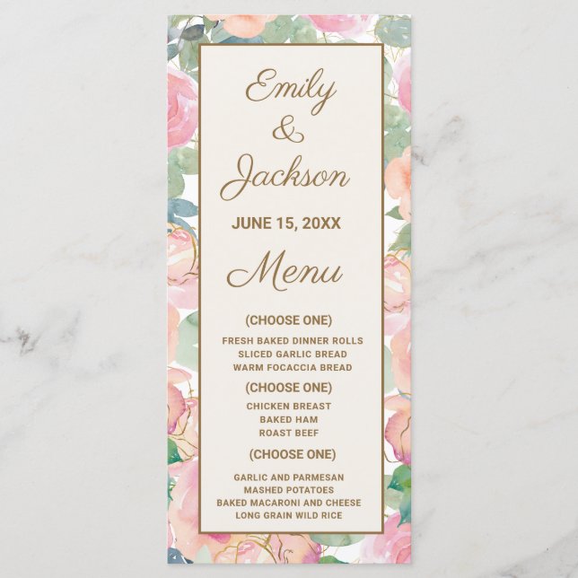 Menú de recepción de boda floral rosa pálido con v (Anverso)