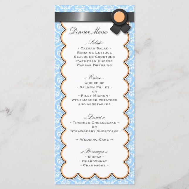 Menú de recepción de boda naranja y damasco azul (Anverso)