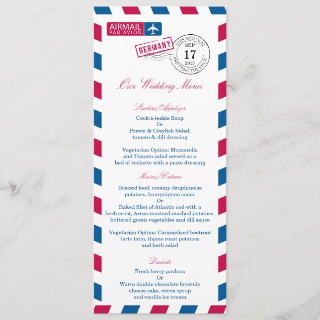 Menú de recepción de boda por correo aéreo de Alem (Anverso)