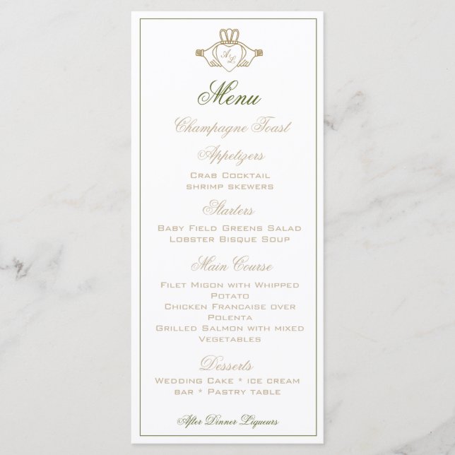 Menú de recepción de bodas Claddagh (Anverso)