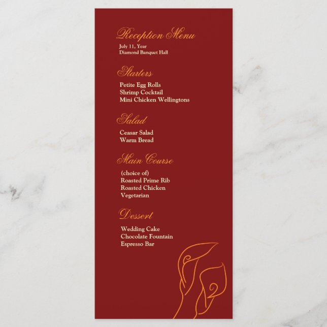 Menú de recepción de Calla Lilies, rojo y Naranja (Anverso)