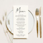 Menú de recepción de crema de escritura moderna<br><div class="desc">Moderno menú de recepción de bodas crema con "Menú" en un guión contemporáneo de moda,  menú en tipografía simple,  nombres unidos por un corazón y fecha de recepción.</div>