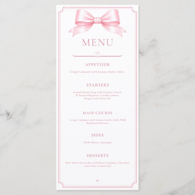 Menú de recepción de ducha de novia elegante rosa  (Anverso)