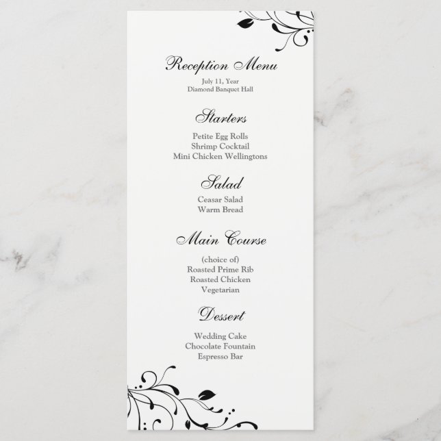 Menú de recepción floral en blanco y negro (Anverso)