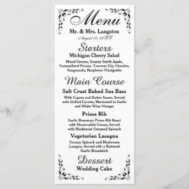 Menú de recepción formal en blanco y negro