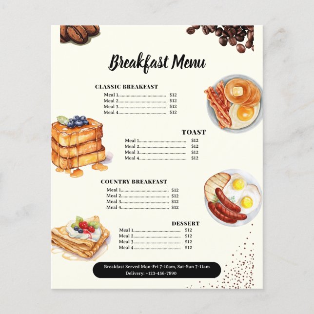 Menú de restaurante de desayuno Marketing de café  (Frente)