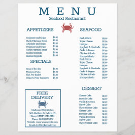 Menú de restaurante de parrilla de cangrejo de mar