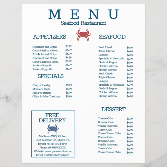 Menú de restaurante de parrilla de cangrejo de mar (Frente)