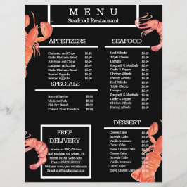Menú de restaurante de parrilla de cangrejo de mar