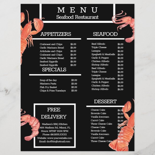 Menú de restaurante de parrilla de cangrejo de mar (Frente)